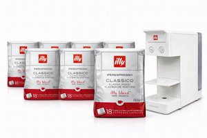 מכונת קפה illy בצבע לבן עם 180 קפסולות מקוריות מכונת קפה illy בצבע לבן עם 180 קפסולות מקוריות